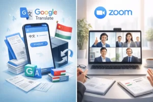 ChatGPT Image 2025年12月10日 09_56_52 手机屏幕显示 Google Translate 的界面,象征机翻在技术资料和合同中难以处理专有术语、无法避免法律风险,也凸显中匈翻译透明流程的重要性。