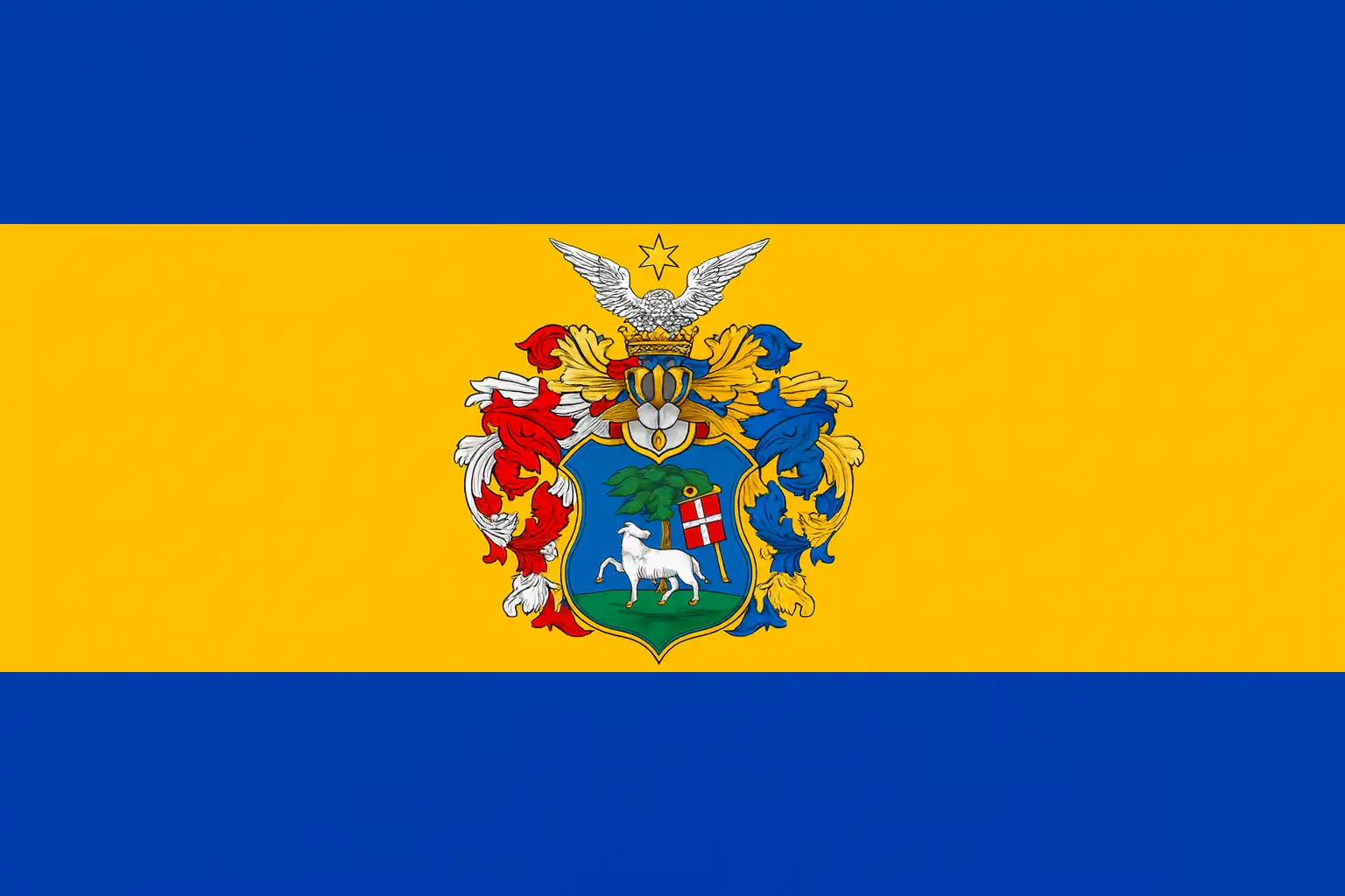 德布勒森市旗的蓝黄双色背景与城市徽章置于中央，象征德布勒森制造业中心地位与当地企业对精准翻译和直接沟通的迫切需求。