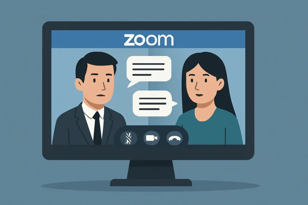 Zoom 视频会议画面,象征在德布勒森中匈翻译项目中,译员可即时向客户澄清模糊表达与技术细节,从而减少返工并确保术语一致。