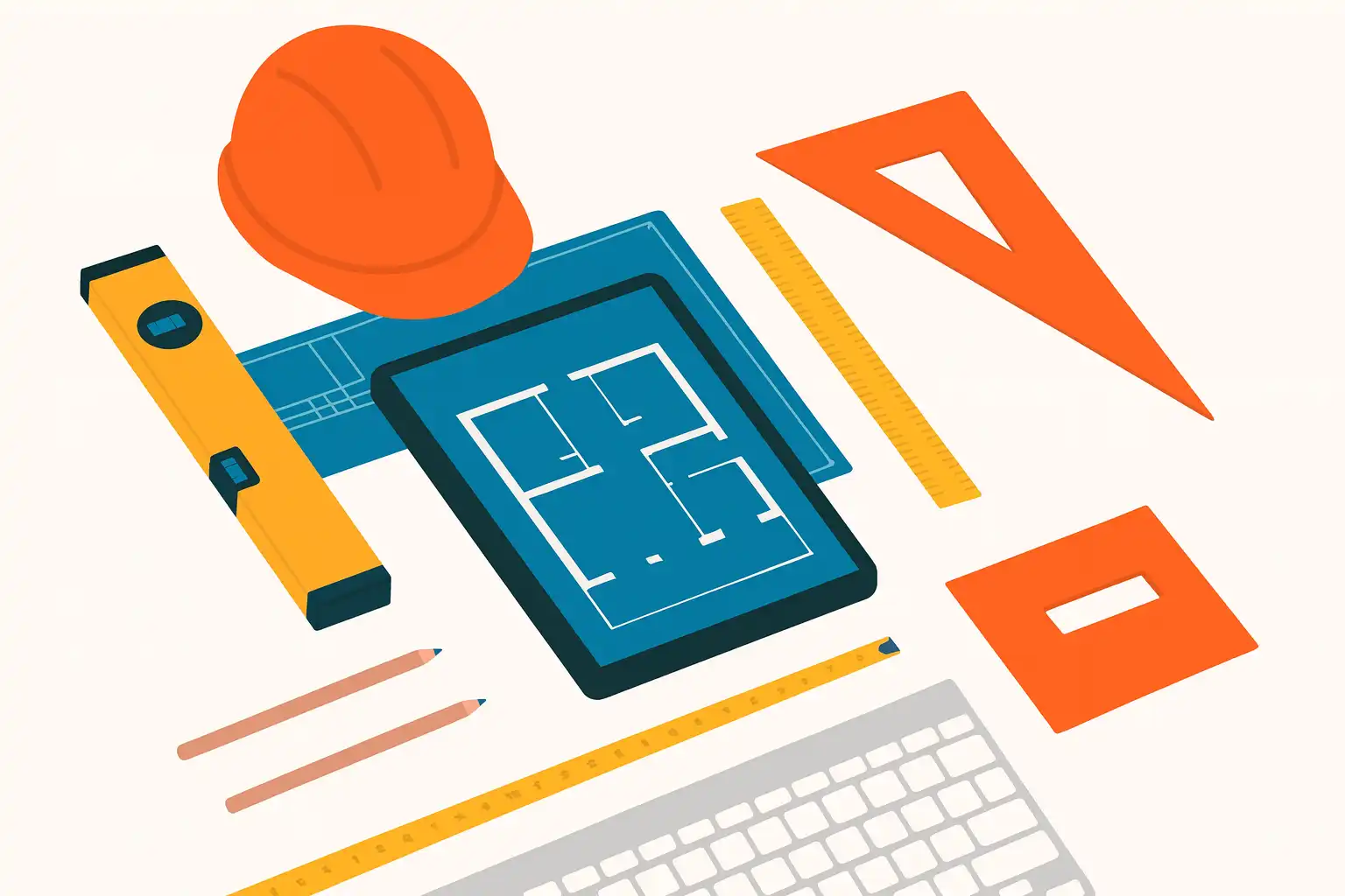 工程师工具与蓝图平铺视图，包含平板电脑显示技术图纸、安全帽和测量工具，象征技术翻译与制造流程。