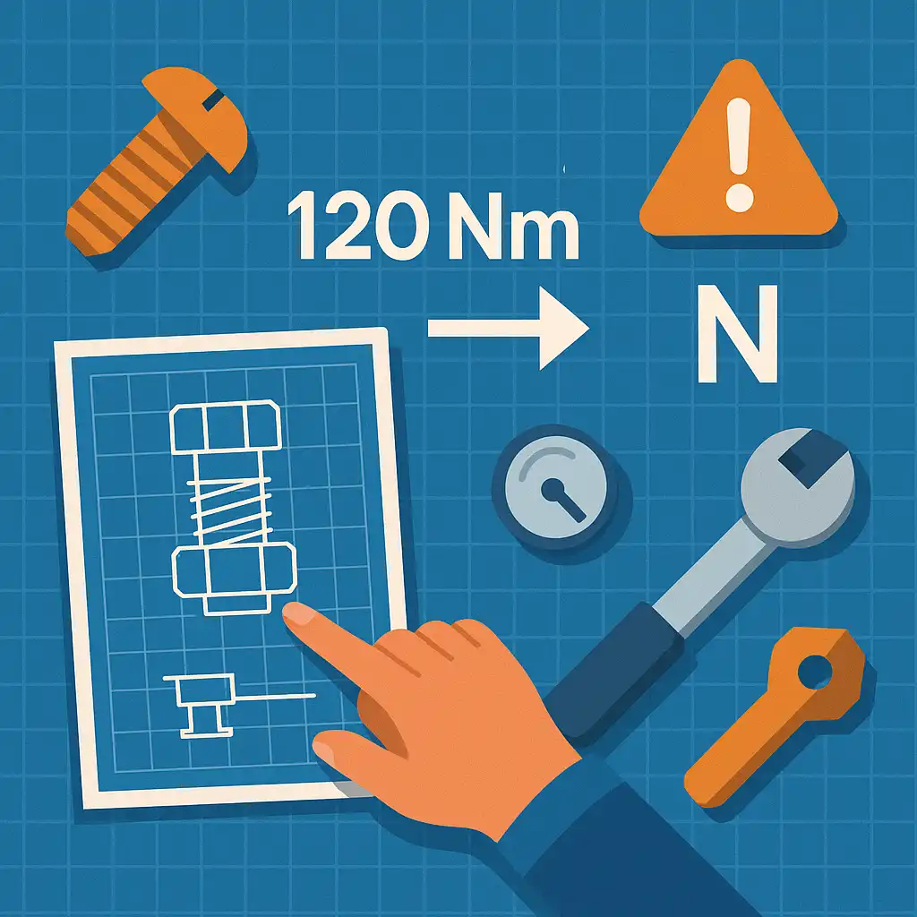 蓝色工程网格背景上的技术图纸示意图,展示螺栓扭矩从 120 Nm 被误写成 120 N 的典型差错,以可视化方式呈现技术图纸翻译匈牙利语中常见的参数偏差风险,旁边配有扳手、量表和警示符号。