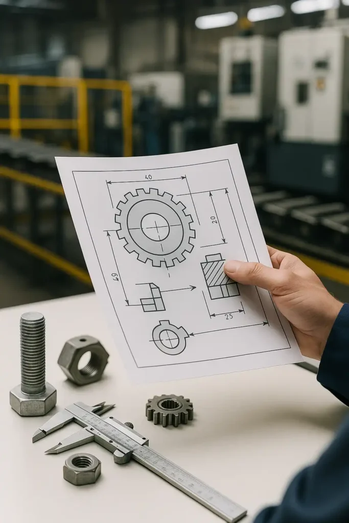 在工厂环境中工程师手持机械零件的技术图纸,展示生产前审核流程,象征技术图纸翻译匈牙利语中确保工艺顺序和参数准确的重要性。