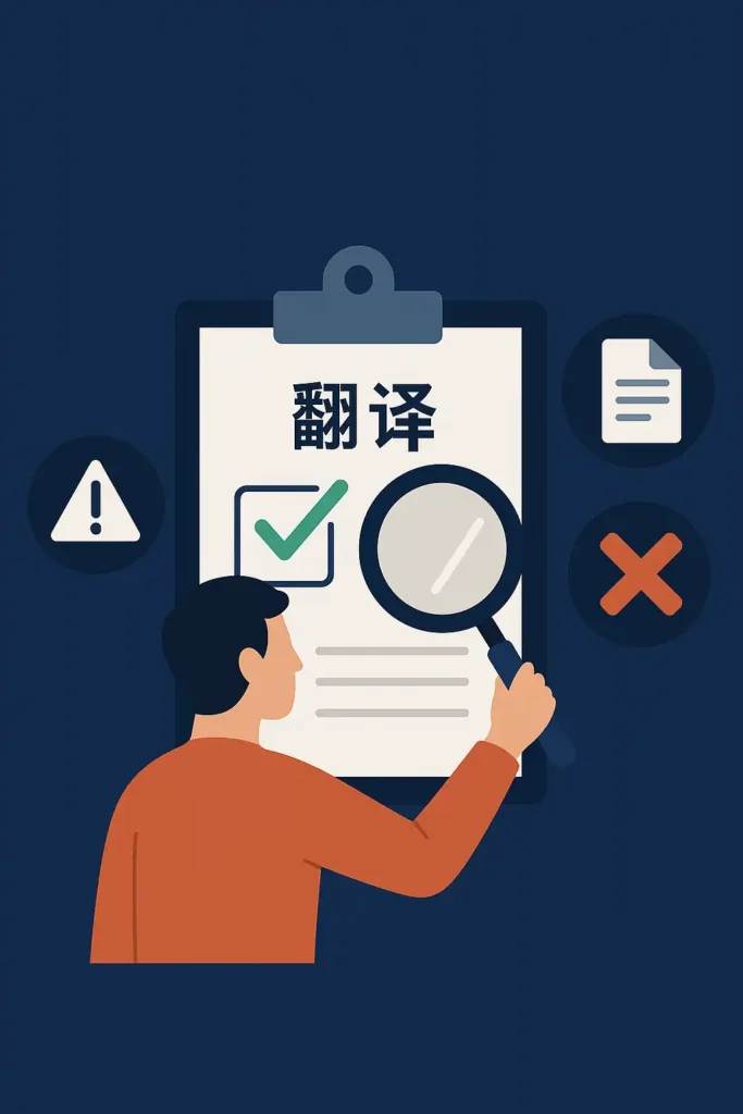插画展示一位人员用放大镜检查文档翻译质量，背景包含对号与叉号图标，象征审核翻译是否合格.