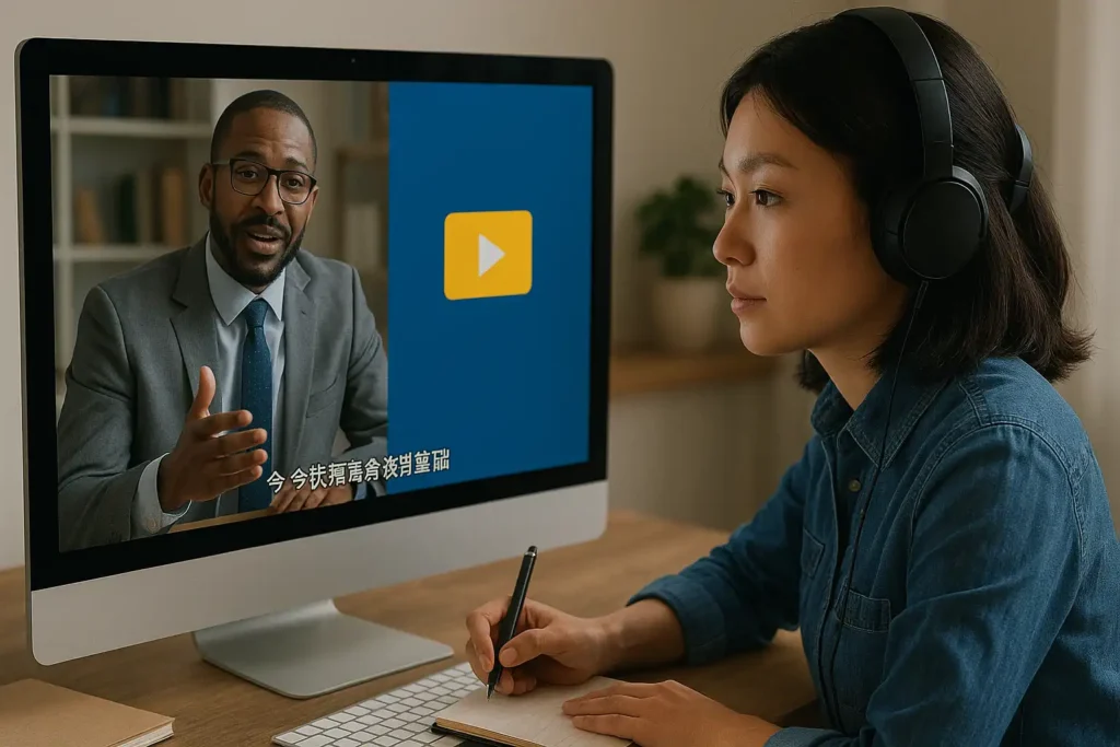 一名亚洲女性戴着耳机观看带字幕的在线课程视频，做笔记学习，展示视频本地化后的多语言培训内容场景。
