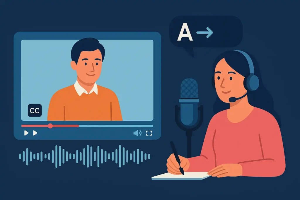 一幅平面数字插画，呈现一名佩戴耳机的女性在处理视频内容、监听音频并记录笔记，旁边有麦克风与音频波形，直观体现视频本地化中的字幕与语音处理环节。