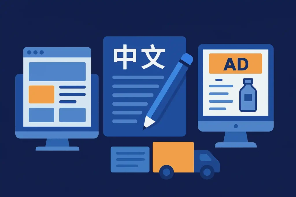 出海企业翻译与母语校对：提升品牌影响力和转化率 —— 图示展示母语专家校对、营销优化、SEO 文化适配和快速交付等服务优势的图标式信息，让用户快速理解傲智翻译的核心价值。