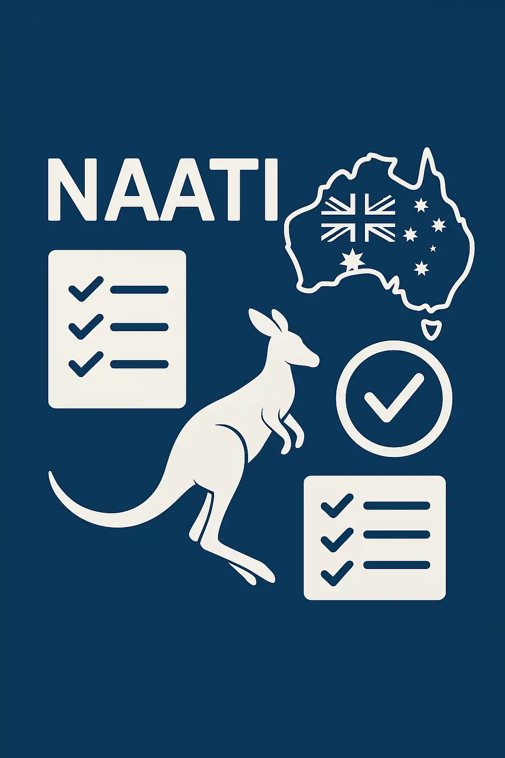NAATI 认证与澳洲移民翻译图示，含澳洲地图、袋鼠与合规清单符号