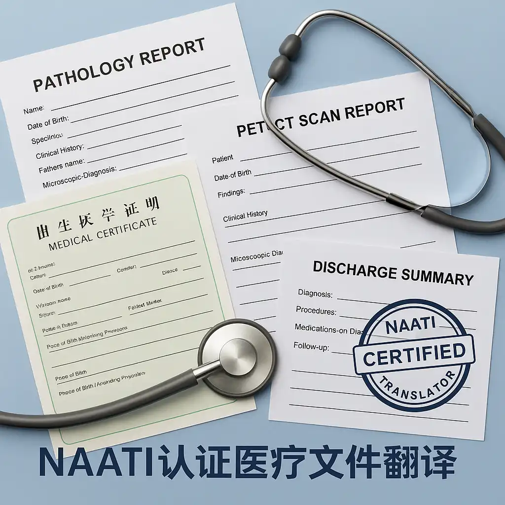 NAATI 认证医疗文件翻译示意图，包含病理报告、PET/CT 报告、出院小结、出生医学证明及听诊器，突出医疗材料在澳新签证中的高风险与认证需求。