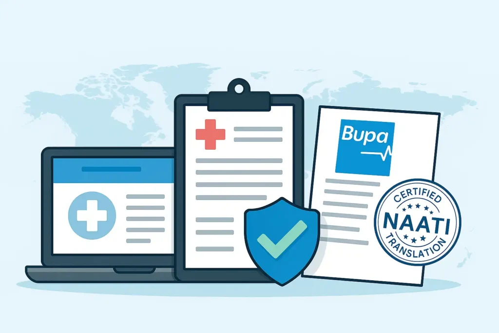 NAATI 认证医疗文件翻译示意图，包含 eMedical 界面、Bupa 体检文件、医疗报告与认证章，体现医疗材料在澳新签证中的“必须认证”要求。