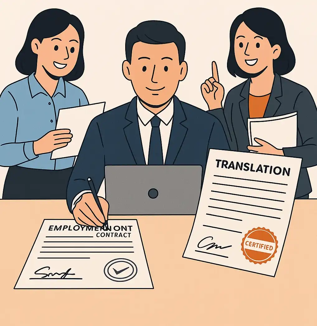 简洁图示展示雇佣合同图标与金钱符号，突出移民雇佣合同翻译中“内容重复导致费用虚高”的主题。