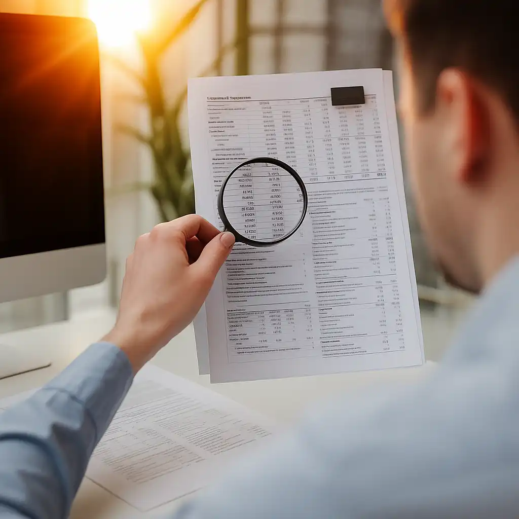 一名专业人士使用放大镜核对审计与验资报告中的财务数据，聚焦表格细节与数字准确性，体现审计报告翻译和验资报告翻译对精确度的高要求。