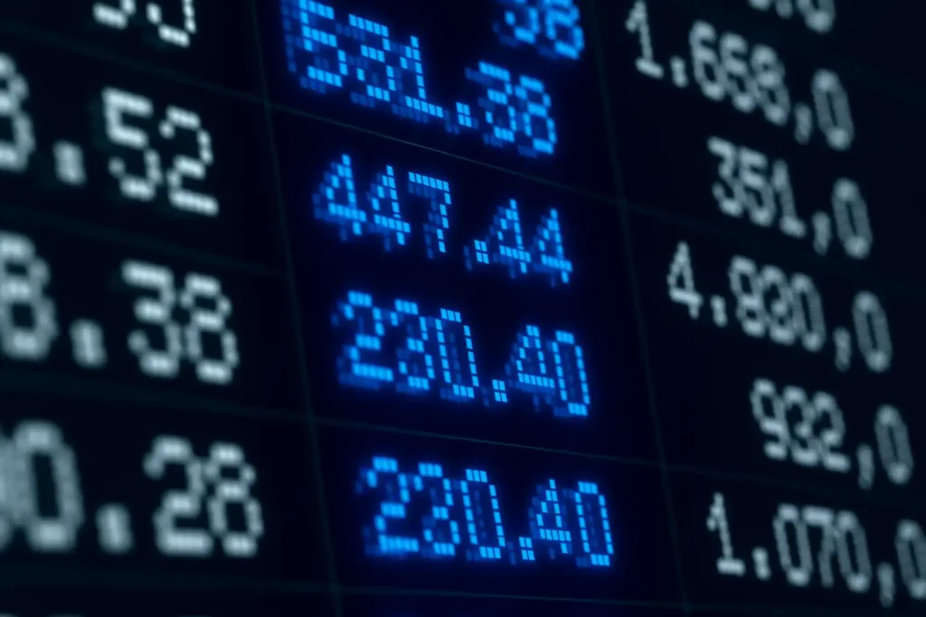 电子屏幕上跳动的蓝色财务数据特写,象征银行流水翻译中对金额一致性、数字核对和资金链可追溯性的严格要求。