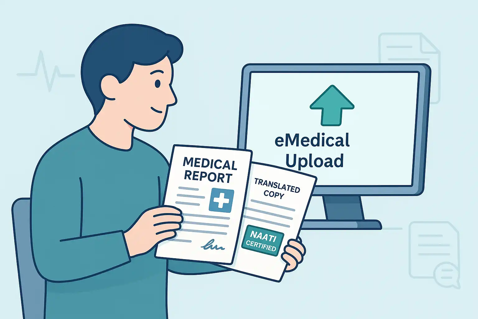患者手持医疗检查报告与 NAATI 认证译文，通过 eMedical 系统上传健康材料的示意图，体现医疗检查报告翻译在移民流程中的重要性。