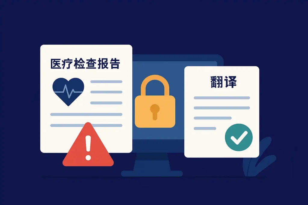 医疗检查报告翻译的高风险性示意图，展示体检报告、医学指标和警示符号，强调医疗文件在移民 eMedical 流程中的重要性与专业要求。