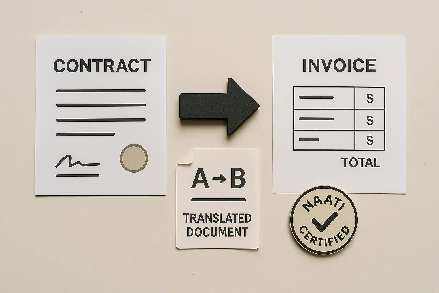 合同翻译与发票翻译示意图，展示合同、发票与翻译标记，并体现 NAATI 认证文件格式。