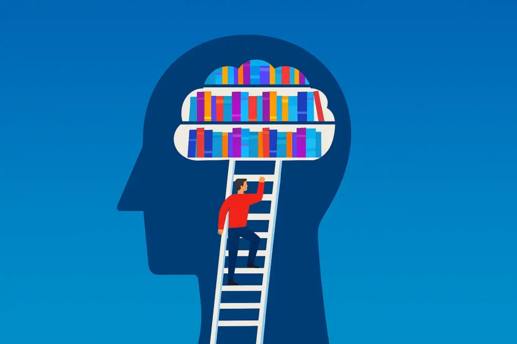 象征翻译记忆库（TM）的插图：一个人沿着梯子进入头部内部的“知识库”，其中整齐排列的彩色书籍代表重复条款、术语库与可复用内容，体现 TM 在合同翻译和发票翻译中的去重、术语统一与效率提升作用。