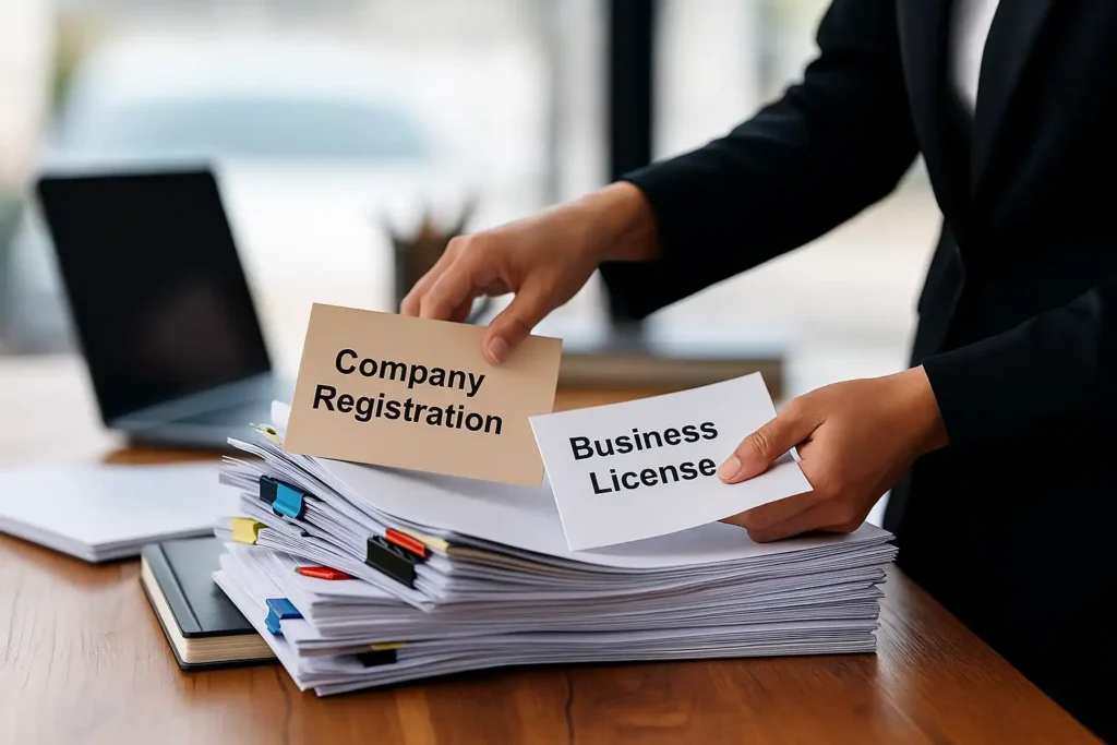 一位专业人士在桌前整理公司注册资料与营业执照文件,象征跨境业务中营业执照翻译和公司注册文件翻译的合规需求。