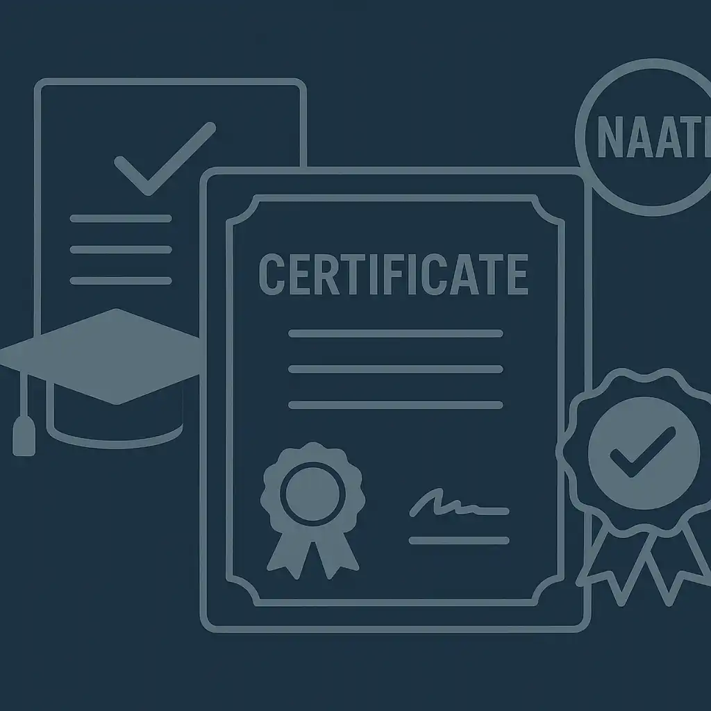 深蓝色背景上的证书、学位帽与荣誉徽章图标组合，象征学历证书翻译与荣誉证书翻译在移民、留学与职业评估申请中的关键作用。