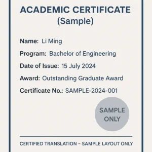 ChatGPT Image 2025年12月8日 11_50_18 示例学术证书布局图,展示姓名、专业、日期、荣誉奖项、证书编号及示范性印章,用于说明学历证书翻译中格式还原与信息对应的重要性。
