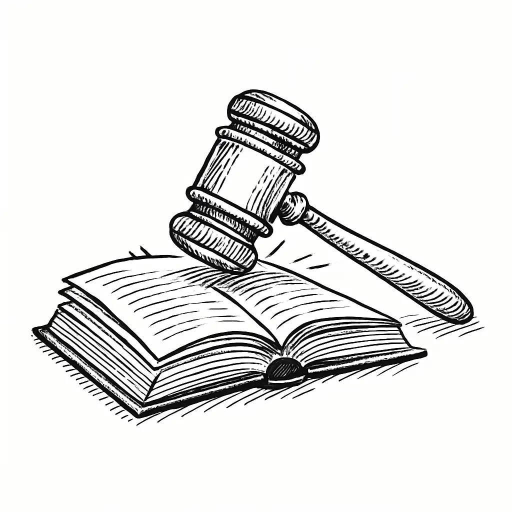 简约黑白手绘的法槌插图,象征法律审理与裁决,用于展示判决书翻译和行政处罚翻译中法律效力审核的重要性。